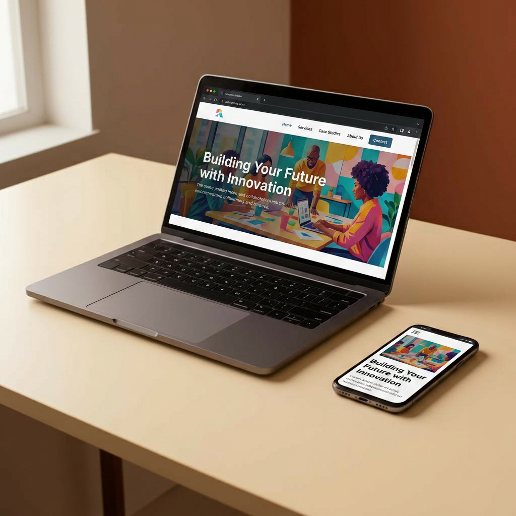 Laptop and smartphone on a warm cream desk with subtle terracotta accents